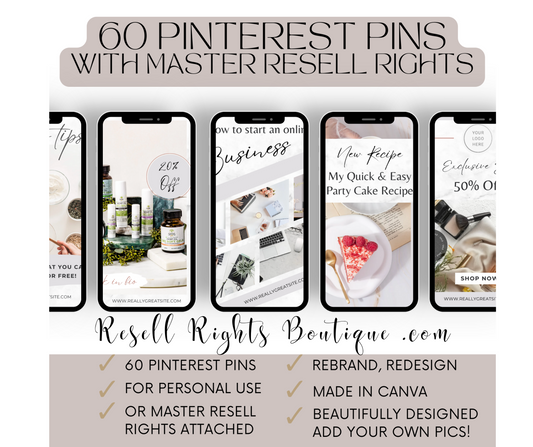 60 Pinterest Pin Templates Aesthetic White Background with Master Resell Rights