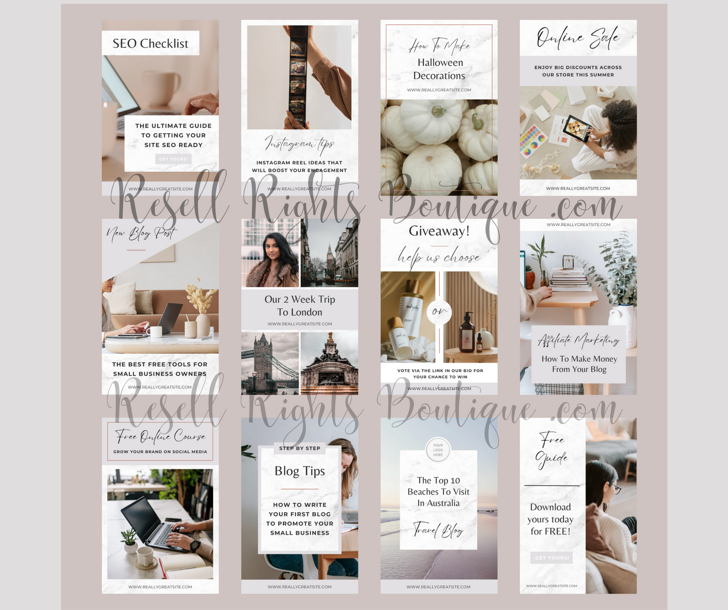 60 Pinterest Pin Templates Aesthetic White Background with Master Resell Rights